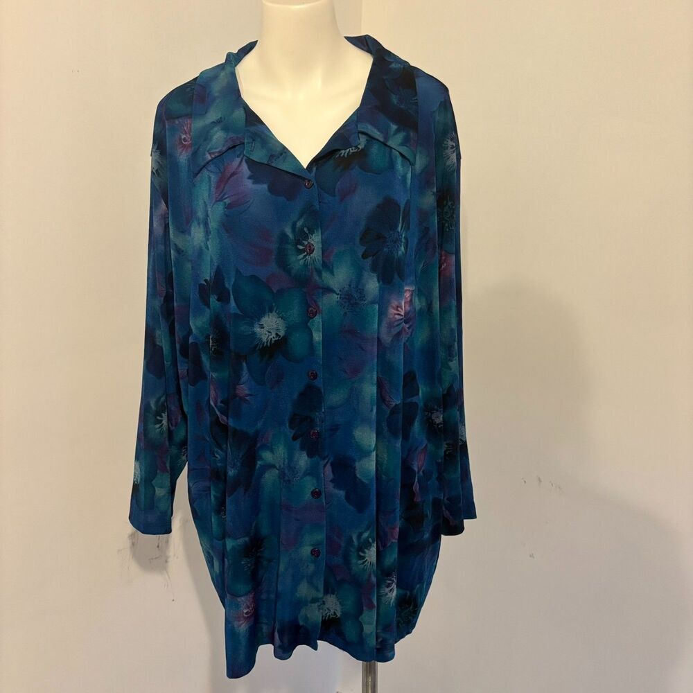 Fashion Bug Size 30/32 Watercolor Floral Teal Blue Flowy Lightweight Blouse 90s